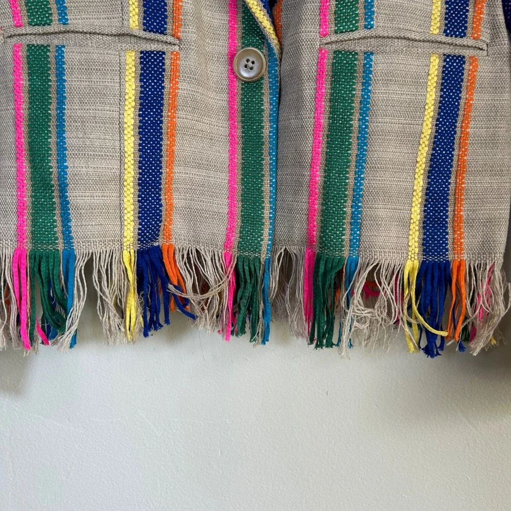 EUC‎ ecru Blazer Striped Fringe Hem Size S Tan Multicolor Boho Festival